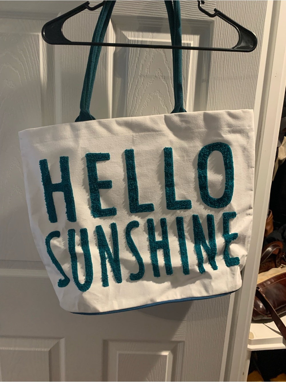 Hello Sunshine Teal and White Canvas Tote Bag